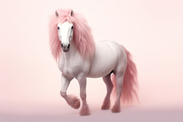 Obraz na płótnie Canvas Soft pink horse with fluffy tail and mane on white background