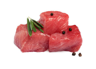 Pieces of raw beef, rosemary and peppercorns isolated on white