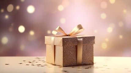 Golden gift present on a light soft pastel pink background with colorful bokeh and stars glittering - Powered by Adobe