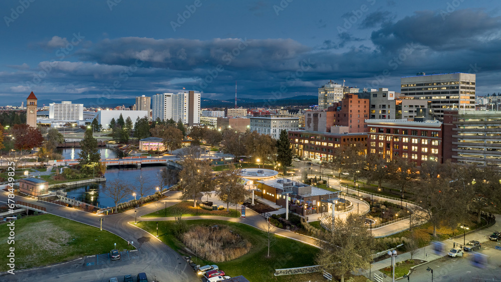 Wall mural spokane sunset downtown tower main street