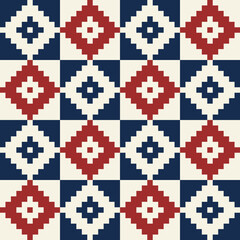 Geometric ethnic ikat pattern in red, blue and beige. Vector seamless traditional embroidery pixel pattern design for fabric, cross stitch, clothing, wallpaper, knitting, quilt, carpet.