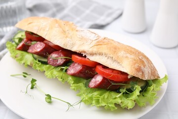 Delicious sandwich with sausages and vegetables on white table, closeup