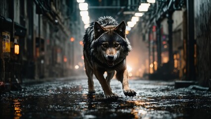 wolf attacking in a cyberpunk side street