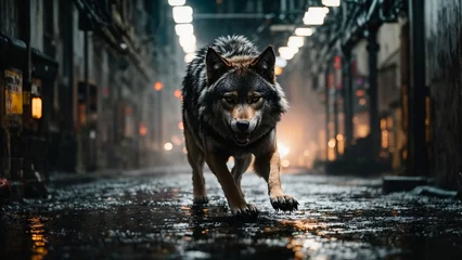 Deurstickers wolf attacking in a cyberpunk side street © PureEvilClutch