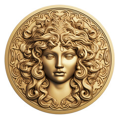Medusa head engraved gold coin isolated - obrazy, fototapety, plakaty