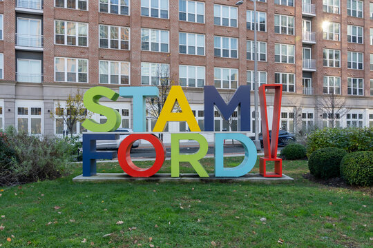 A colorful and big statue of letters, STAM FORD! is seen near the University of Connecticut campus in Stamford, Connecticut, USA, on November 7, 2023. Stamford is a city in Fairfield County, CT. 