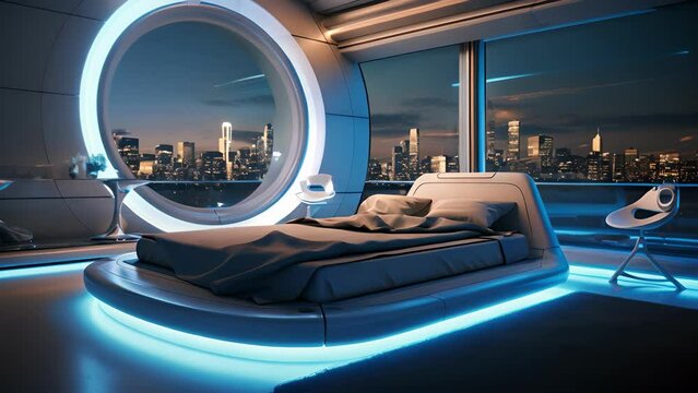 A futuristic background reveals a hightech bedroom adorned with smart home features and sleek furniture. The light from a large window washes over the space, casting intricate shadow