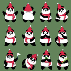 Little Christmas pandas, set of funny Christmas bears. 