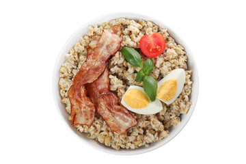 Tasty boiled oatmeal with egg, bacon and tomatoes isolated on white, top view