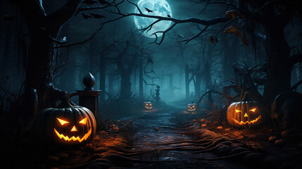 Spooky pumpkins under the mystique of moonlight in a forest.