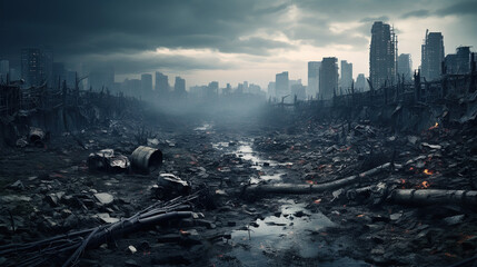 A skyline of destruction in an abandoned urban expanse. - obrazy, fototapety, plakaty