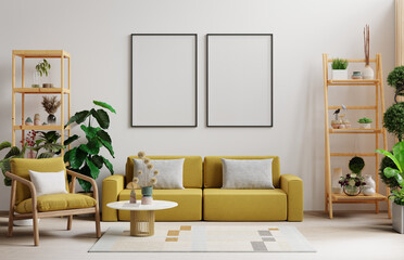 White living room interior with yellow sofa and armchair with art decoration