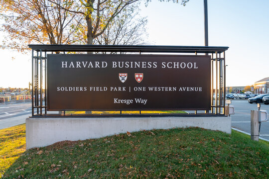 Harvard Business School sign is seen in Boston, MA, USA, on November 11, 2023. Harvard Business School (HBS) is the graduate business school of Harvard University. 