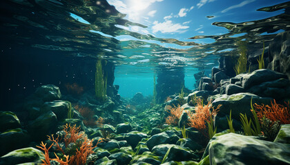 Fototapeta na wymiar Underwater adventure swimming below multi colored reef, exploring aquatic beauty generated by AI