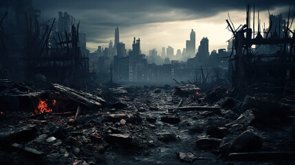 A skyline of destruction in an abandoned urban expanse. - obrazy, fototapety, plakaty