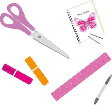 Ilustraci&oacute;n vectorial tijera, lapicera, marcador, resaltador, regla, cuaderno. Ilustraci&oacute;n escolar. Objetos de librer&iacute;a