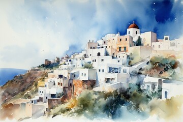 Watercolor interpretation of Santorini landscape. Generative AI