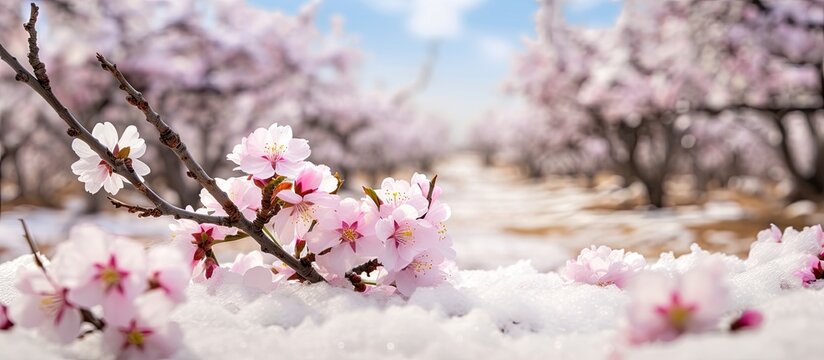 Almond tree in full bloom surrounded by white petals like snow