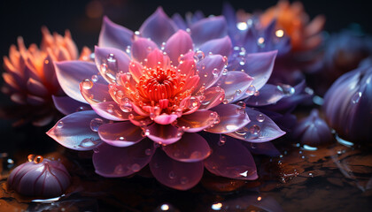 Vibrant colored lotus flower reflects beauty in nature pond generated by AI