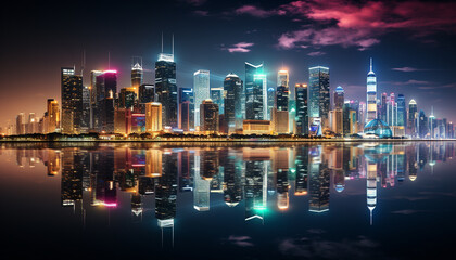 Skyscrapers illuminate city skyline, reflecting in vibrant waterfront twilight generated by AI