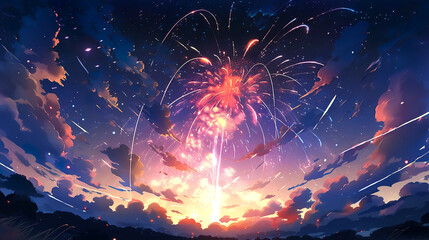 空に打ちあがった花火のアニメ風イラスト