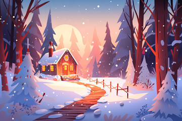 Cartoon aesthetic winter snow scene, Xiaohan and Dahan winter illustrations, forest houses on snowy days