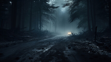 A moonlit foggy forest with artistic bokeh effects. - obrazy, fototapety, plakaty