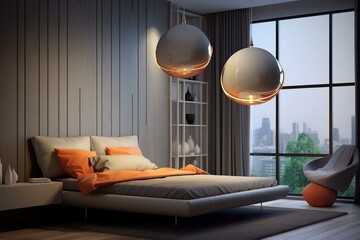 Modern home lighting arrangement with a stylish hanging lamp. Enhanced interior decor concept portrayed through a 3D representation. Generative AI