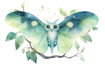 cute luna moth on tree in watercolor, concept of Nature, - obrazy, fototapety, plakaty