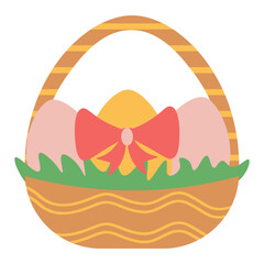 Easter egg baskets illustration. Baskets with colored eggs, grass, and rabbit. Vector illustration.