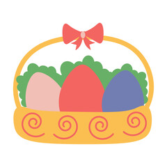 Easter egg baskets illustration. Baskets with colored eggs, grass, and rabbit. Vector illustration.