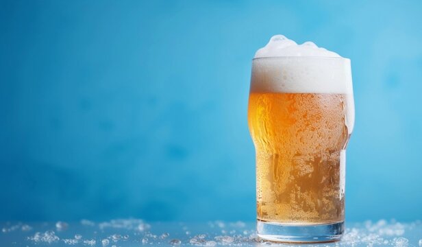 Glass of beer, A close-up photo of a cold craft beer in a glass with a frothy head, condensation beading on the outside