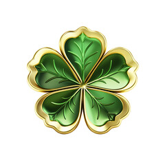 Lucky green five-leaf clover with gold metallic border isolate