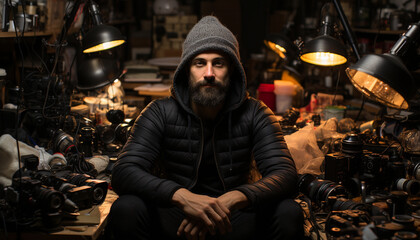 Obraz premium Confident young man, owner of workshop, holding camera, looking serious generated by AI