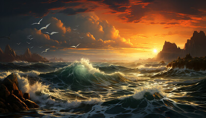 Sunset over the coastline, waves splashing on rocky cliffs generated by AI