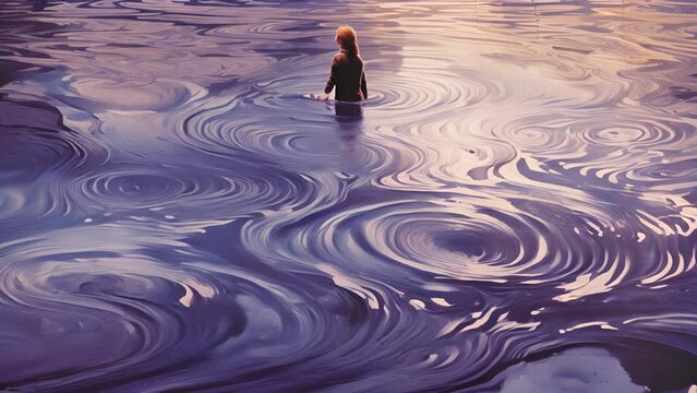 A flat, motionless pool of lavender liquid suddenly ripples and swirls, as if stirred by an invisible hand. The liquid seems to possess a mind of its own, moving in hypnotic patterns and