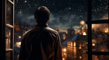 Young man looking out the window at a snowy night cityscape.