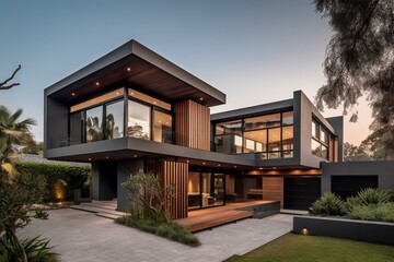 Stunning home, contemporary design, wooden exterior, manicured garden. Generative AI