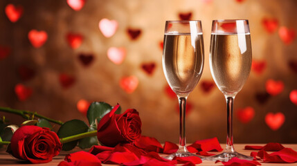 Two champagne glasses and red roses on red hearts background, Valentine's day