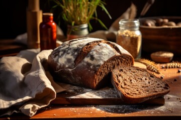 Obraz na płótnie Canvas A rustic loaf of rye bread, freshly baked and sliced, sitting on a wooden cutting board with a bread knife, surrounded by grains and flour, evoking the warmth and comfort of a traditional kitchen