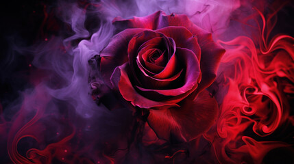 Purple rose wrapped in red smoke swirl on black background - obrazy, fototapety, plakaty