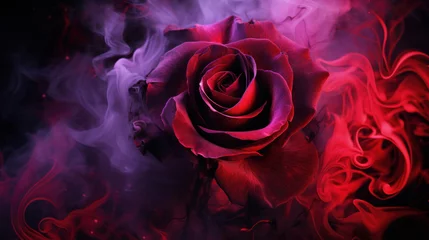 Foto op Plexiglas Purple rose wrapped in red smoke swirl on black background © tashechka