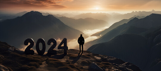 silhouette of a man on top of a mountain with a giant number that forms the new year 2024 - concept of achieving goals - obrazy, fototapety, plakaty