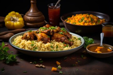 A vibrant photo capturing the traditional West African dish 'Yassa', beautifully presented with marinated chicken, caramelized onions, and a side of white rice - obrazy, fototapety, plakaty