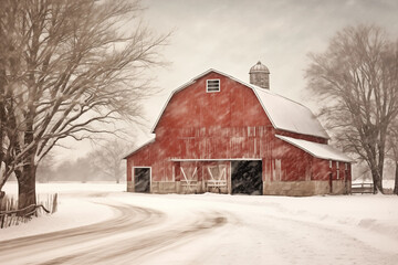 Printable Christmas Barn Vintage Wall Art