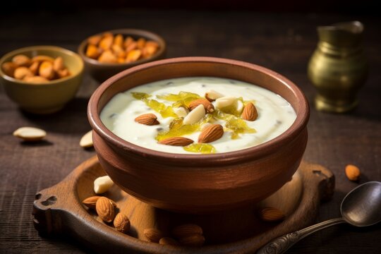 A close-up shot of Basundi, a traditional Indian dessert, garnished with dry fruits and served in an earthen bowl, depicting the richness of Indian cuisine and culture