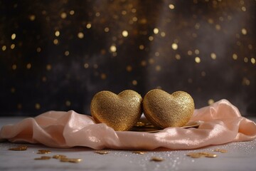 two hearts on table with glittery tablecloth and background filled with white circles and gold glitters. Generative AI