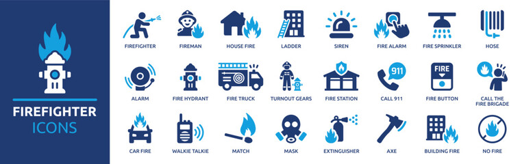 Firefighter icon set. Containing fireman, fire truck, hose, fire station, house fire, siren and fire hydrant. Solid firefighting vector icons collection.
