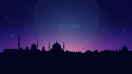 Mosque dome and crescent moon in the background, arabic text, Eid al-Adha, Eid al-Fitr, symbol of Islamic religion and empty space for text. Generative AI