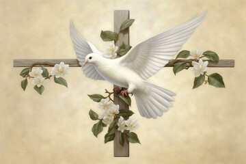 Religious dove card with olive twig flowers and cross. Generative AI - obrazy, fototapety, plakaty